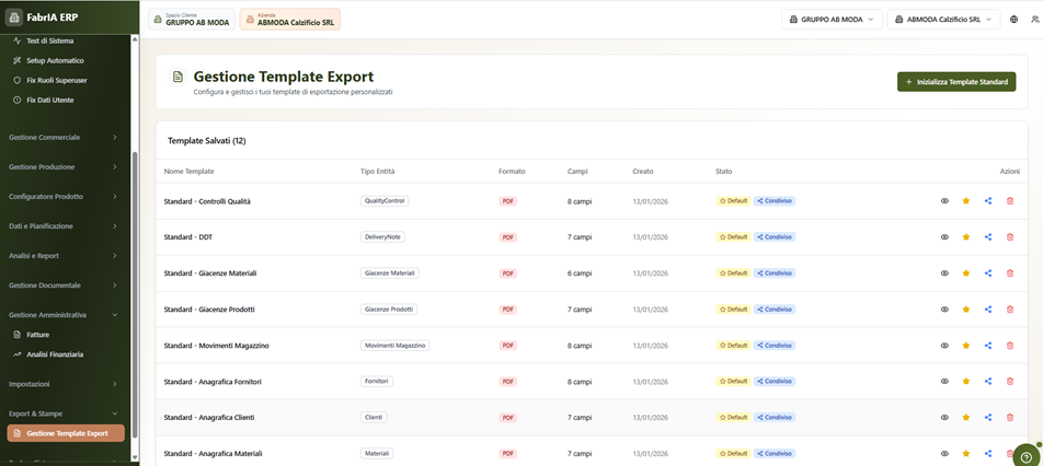 Gestione Template Export - FabrIA ERP